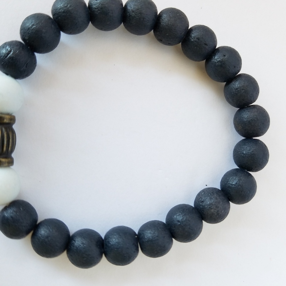 Hand Crafted Couple's Navy White Stone Beaded Bracelets Lava Stretch - Picture 5 of 10